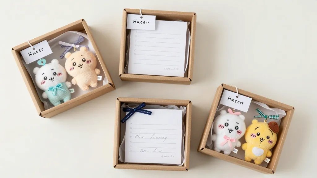 A charming flat lay of shop-ready packaging for cute crafts: small plush characters with personalized color schemes, name tags, tiny ribbons, and handwritten notes nestled in kraft gift boxes with tissue, on a clean, light background. Highlight attention to detail in packaging and presentation, ensuring no text appears in the image.