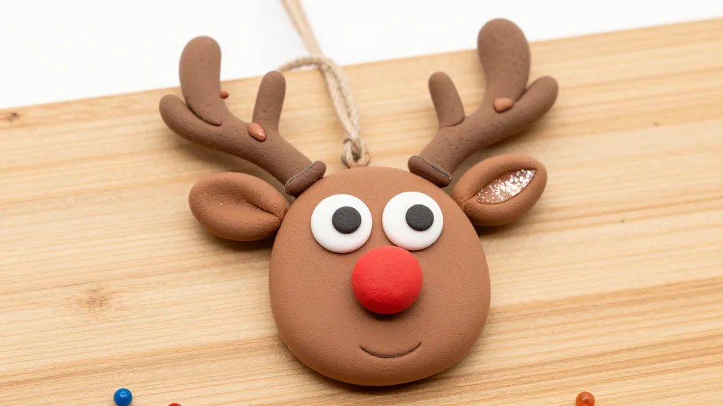 A close-up, studio-shot of a finished goofy reindeer clay ornament resting on a wooden workboard: smooth brown body with a bright red nose, funny wide-eyed expression, delicate twig-like antlers, using metallic paint accents and a clear varnish shine, with subtle glitter on one ear, and a hint of glue and extra beads nearby to imply handmade craft.