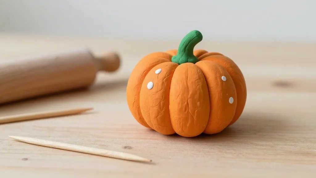 A cozy crafting desk scene featuring a hand-sculpted orange pumpkin made from air-dry clay in progress, with a small green stem, white highlight spots, and simple clay tools (toothpick, rolling pin) scattered on a natural wood surface; soft autumn light, uncluttered background, no text.