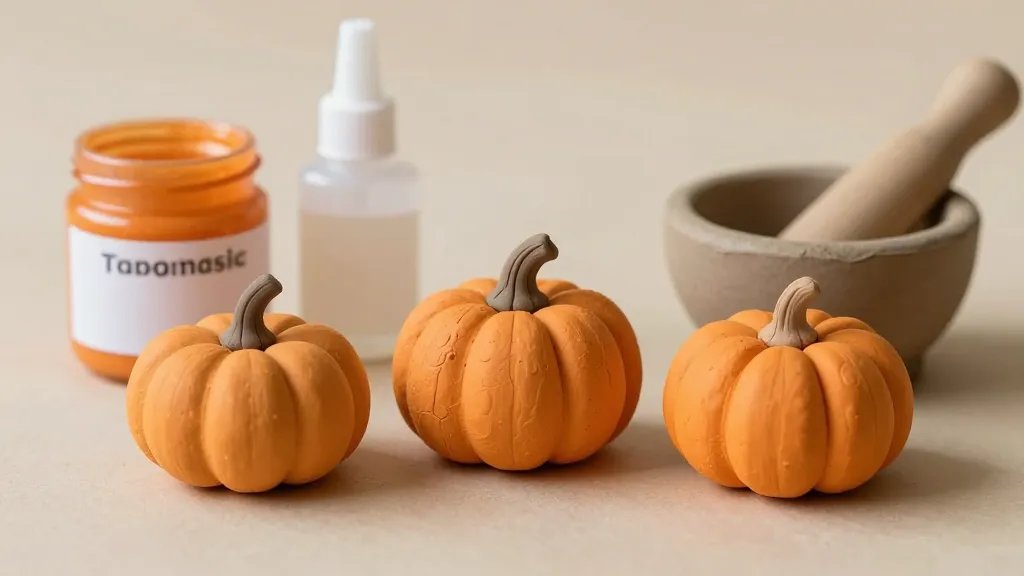 A cute mini autumn display: three tiny clay pumpkins at different stages of completion (unbaked polymer and air-dry variants), accompanied by a jar of glue, a clear sealant bottle, and a tiny mortar of clay with a rolling pin nearby; warm orange and brown tones, close-up composition, no text.