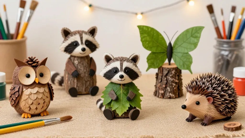 A cheerful woodland craft display: several small critters made from natural materials—pinecone owl, acorn raccoon, leaf butterfly, and bark-slice hedgehog—arranged on a burlap-covered surface with brushes, markers, and jars of paint, with soft fairy lights in the background and no text visible.