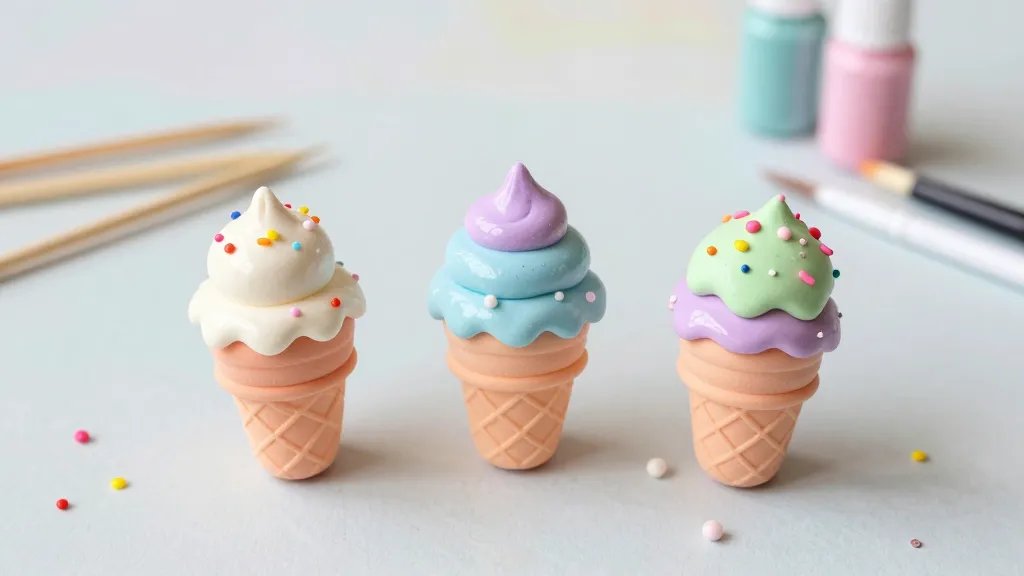 A close-up scene of three mini ice cream cones crafted from pastel polymer clay, each cone wrapped in a tiny gloss glaze, with glossy sprinkles, micro beads, and sequins scattered around. The background is a soft, light pastel tabletop with subtle shadows, and tiny craft tools (toothpicks, fine brushes, a small bottle of glitter) arranged artfully to suggest a playful, Instagram-ready display.