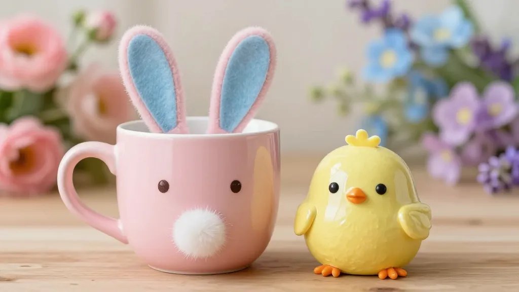 A close-up of a DIY spring animal mug craft: pastel pink bunny mug with a fuzzy white pom-pom tail, tiny embroidered eyes, and a blue felt ear; beside it sits a small pastel yellow chick mug with smooth, glossy glaze and a simple stitched beak. The mugs rest on a wooden surface with soft, bokeh background of pink, blue, and lavender flowers to evoke a warm, friendly crafting vibe. No text on the image.