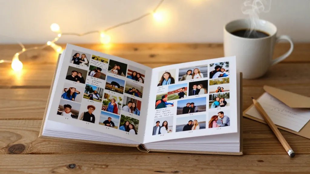 A cozy, intimate scene of a small 6x6 inch customized photo memory book open on a rustic wooden table. In the background, warm string lights and a mug of steaming coffee create a soft, romantic glow. The book shows a collage of 20–40 candid photos with handwritten captions and dates visible on the pages, while a pencil and a small envelope with a handwritten note sit nearby. No text should appear in the image itself.