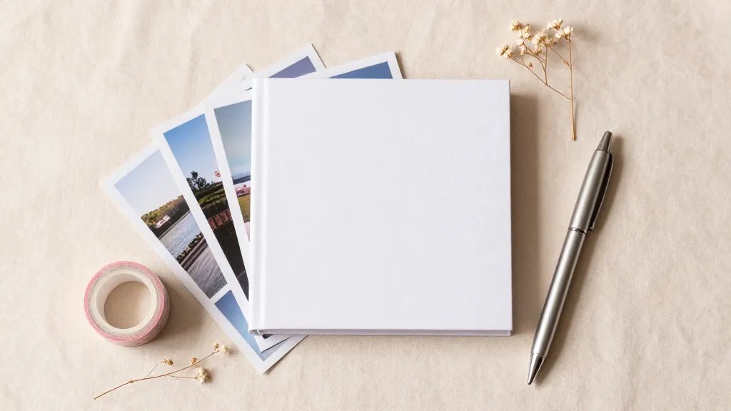 A flat-lay arrangement for a handmade Valentine gift: a compact 6x6 inch photo memory book with a delicate, watermark-free cover, surrounded by a few printed photo pages peeking out, a tiny roll of washi tape, a silver pen, and a small sprig of dried flowers. The scene is set on a pastel-toned fabric background with gentle natural light and soft shadows, conveying warmth, memory, and personal effort. No text should appear in the image itself.