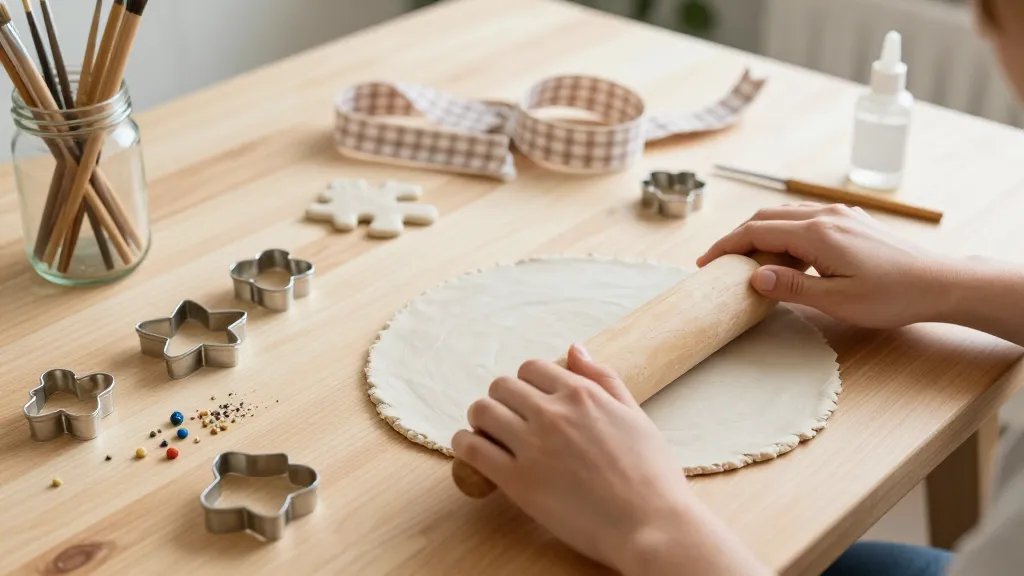 A cozy crafting scene on a light wood kitchen table: hands rolling out pale air-dry clay with a small rolling pin, festive cookie cutters scattered nearby, texture bits like beads and tiny pebbles, a glass jar of brushes, a soft plaid ribbon, and a clear sealant bottle; warm natural light, no text on the image.
