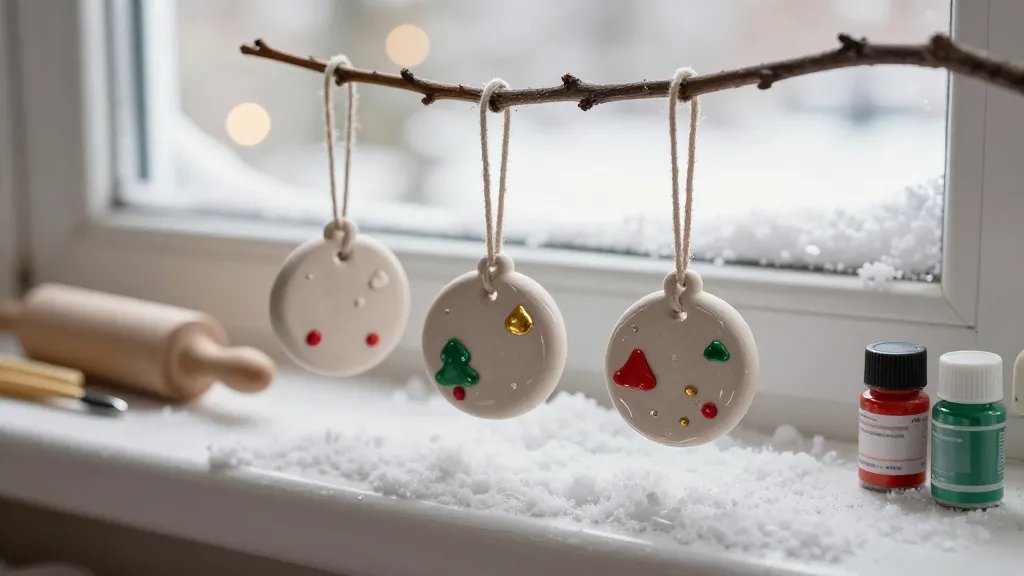Close-up shot of finished clay ornaments hanging from a small branch over a snowy windowsill, with string loops and glossy finish, tiny painted details in red green gold, and a partially visible kit of tools (rolling pin, straw for holes, acrylic paints) in the background; soft bokeh lights outside the window, no text.