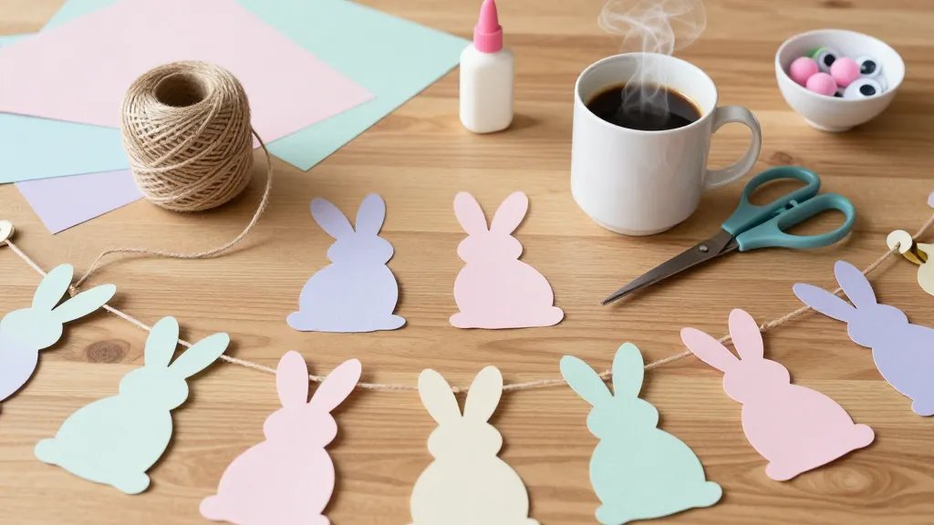 A cozy crafting scene on a wooden table: pastel paper bunny silhouettes cutouts, a spool of twine with holes punched for a garland, a hot mug of coffee steaming beside a pair of scissors and glue, with soft natural light and scattered scraps of pastel-colored paper; include a finished paper bunny garland draped along the edge of the table and a small bowl of googly eyes and pink pom-poms to suggest completion.