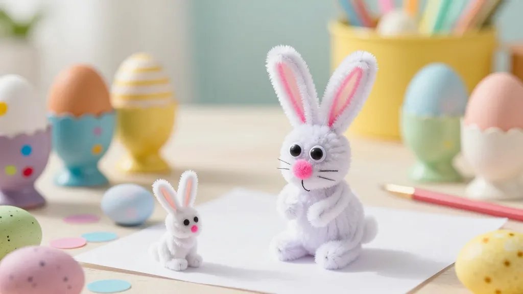Close-up of a kids’ Easter craft in progress: several pipe cleaner mini bunnies being shaped on a flat surface, with one completed standing bunny featuring googly eyes and a pink pom-pom nose, surrounded by paint-streaked egg cups waiting to be decorated, pastel confetti, and a cheerful, sunlit background. (No text in the image.)