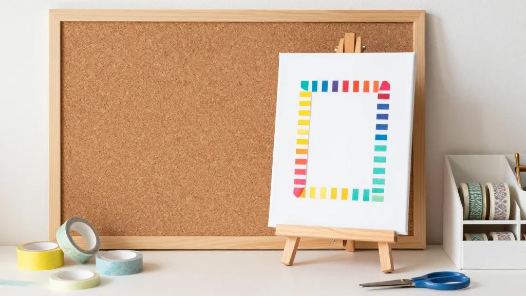 A cozy, sunlit craft corner featuring a blank corkboard and a white canvas propped on a small easel. The board and canvas are adorned with bold, colorful washi tape stripes and geometric patterns forming a simple framed art piece. Scattered around are rolls of washi tape in coordinating colors, a pair of scissors, and a tidy desk organizer with tape accents, all in soft pastel lighting with a warm, inviting vibe. No text in the image.