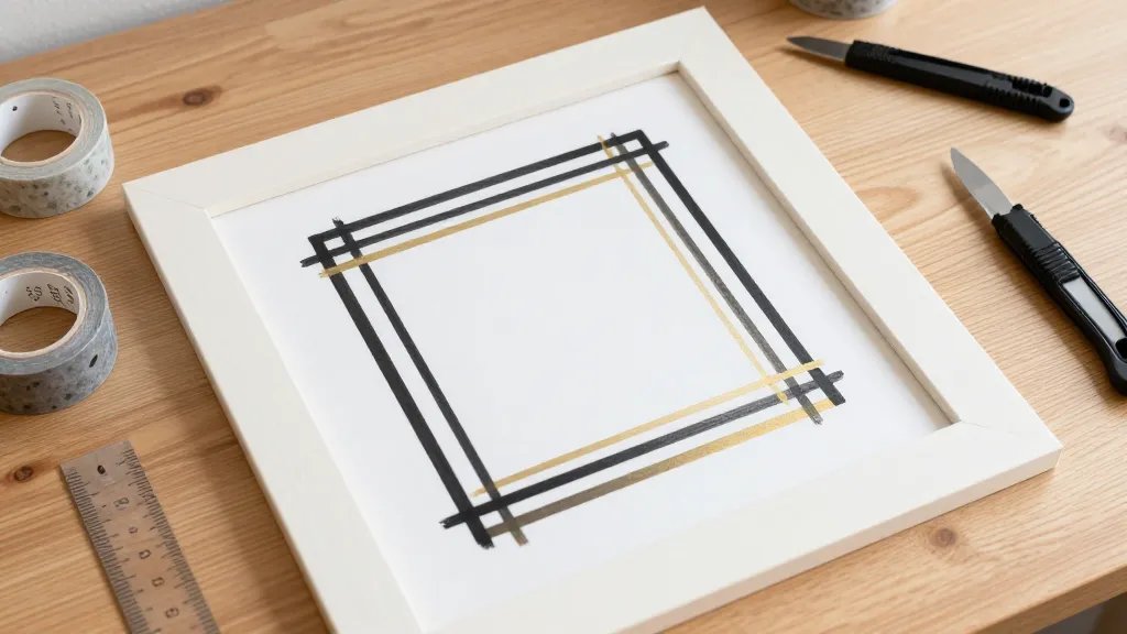 A close-up flat lay of a wooden desk surface showing a DIY framed tape art setup in progress. Include a plain frame on a poster board with crisp black and gold tape lines creating a minimalist geometric pattern inside the frame. Surround with varied washi tape rolls, a craft knife, and a small ruler; the composition emphasizes layering and precise corners, captured with bright, clean lighting and a slightly elevated angle. No text in the image.