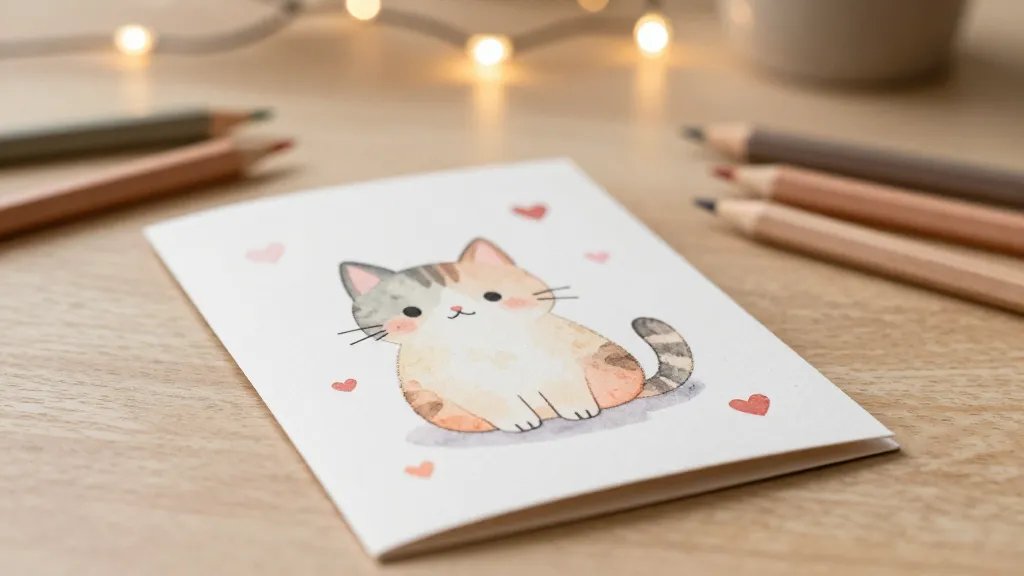 A cozy, sunlit craft desk scene featuring a handmade greeting card in the foreground with a whimsically drawn pastel cartoon cat, tiny heart embellishments, and colored pencils scattered around; soft bokeh lights in the background, warm tones, and a subtle watercolor texture on the card to convey tactile charm.