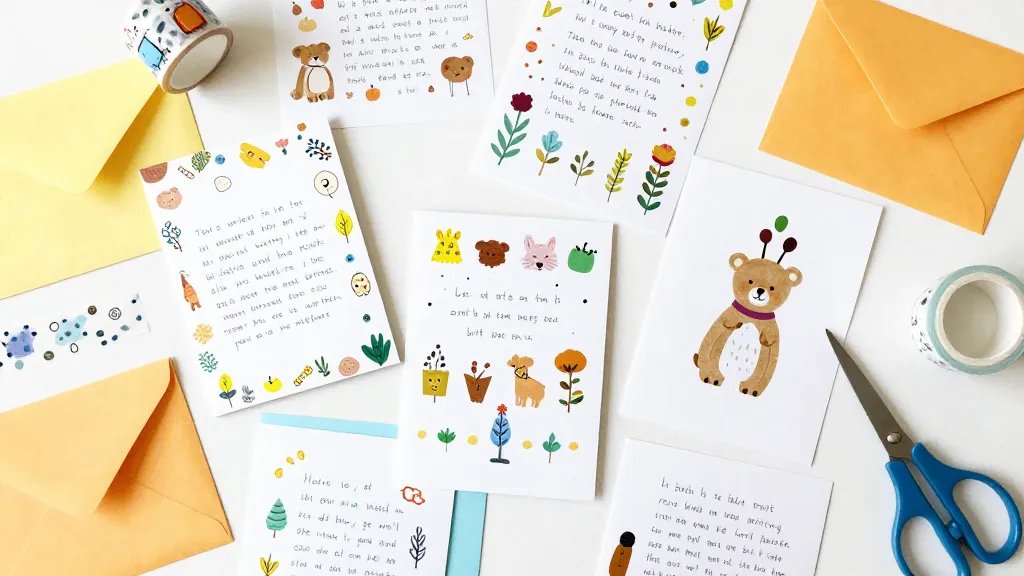 A playful flat-lay of multiple handmade cards with cute themes (adorable animals, plants, and tiny doodle motifs), each card slightly open to reveal hand-written messages, surrounded by envelope seals, washi tapes, and a friendly pair of scissors; bright, cheerful colors and a light sketchbook texture for whimsy.