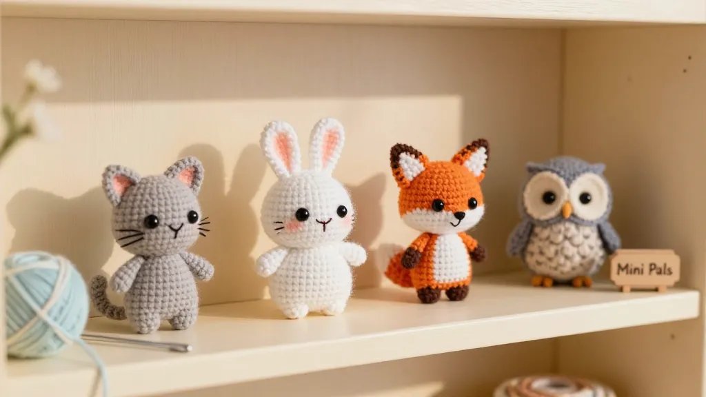 A cozy, sunlit craft room scene featuring a collection of tiny crocheted animals arranged on a pastel-toned shelf: a tiny cat with whiskers, a chubby bunny, a micro fox, and a mini owl, each with bright button eyes and stitched smiles, accompanied by a small ball of yarn, crochet hook, and a tiny wooden sign that reads “Mini Pals.” Soft shadows, warm colors, and a slightly blurred background to emphasize the handmade textures.