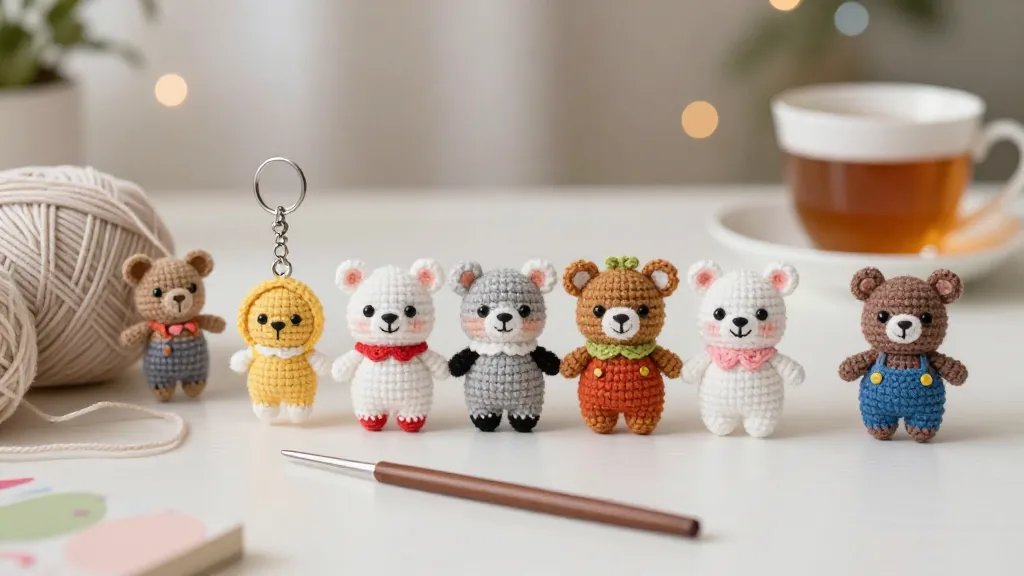 A desk setup styled for crochet hobbyists: close-up of a crocheting project in progress with a tiny crocheted bear peeking from under a ball of yarn, a row of finished mini animals lined up like a cheerful squad, and a keychain hook with one completed mini hangs from a hook. Include cozy lighting, a cup of tea, and subtle bokeh in the background to evoke a charming, Instagrammable vibe.