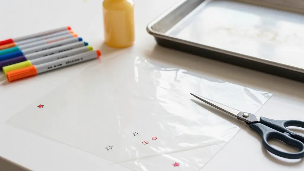 A close-up, well-lit scene of a crafter’s desk with shrink plastic sheets, a set of colorful permanent markers, a sharp pair of scissors, and a baking tray ready for the oven. Include a few tiny drawn designs on the plastic pieces (stars, hearts, and tiny flowers) and a glossy finish bottle nearby, with soft natural light and a warm, crafty aesthetic.
