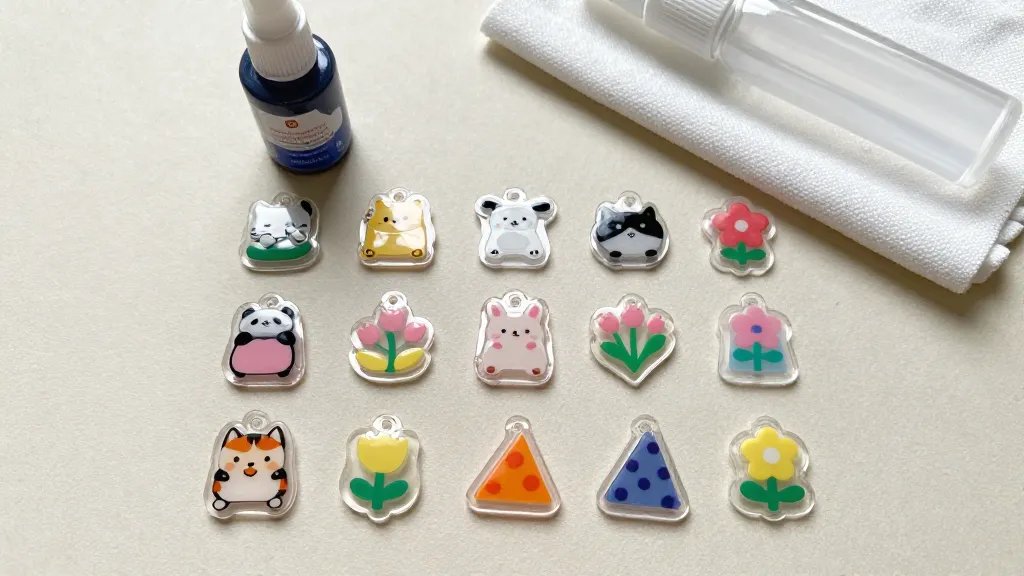A top-down composition showing a finished set of small shrink plastic charms laid out on a neutral surface, each charm featuring whimsical designs (cute animals, blossoms, geometric shapes). Include a small bottle of glaze and a damp cloth with a subtle spray bottle in the background, emphasizing the shine and clear coating without text.