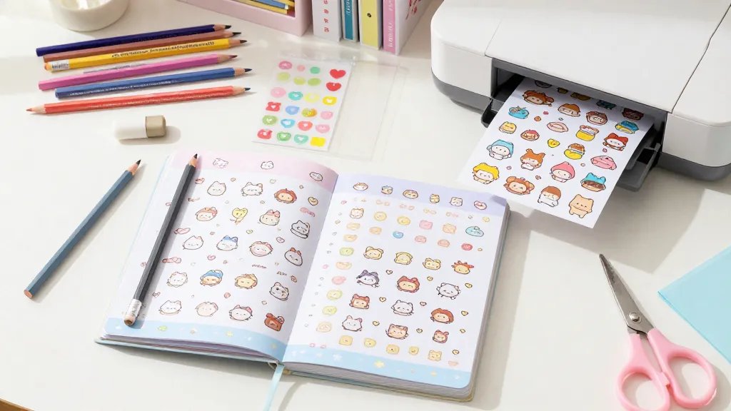 A cozy, sunlit artist's desk scene featuring a kawaii-inspired workspace: pastel-colored sketchbook pages with cute doodles, a soft graphite pencil with an eraser, a set of colored pencils and markers, transparent sticker paper sheets, scissors, and a small printer nearby printing a sheet of glossy, vibrant stickers; the vibe is cheerful and organized, with subtle sparkles and pastel pinks, blues, and yellows.
