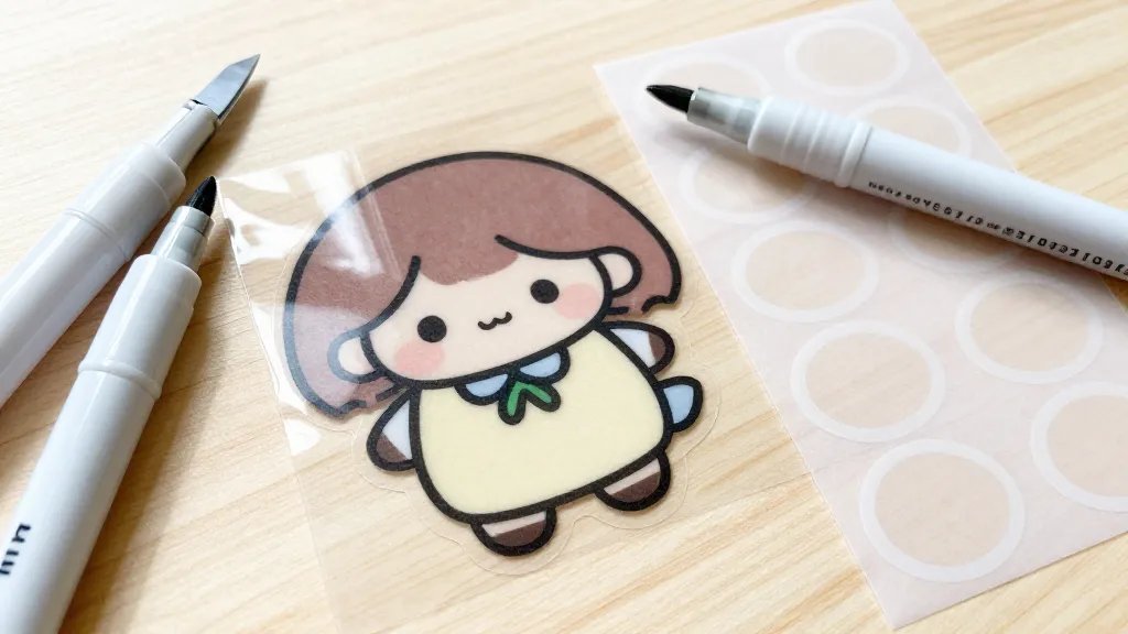 A close-up shot of a handmade kawaii sticker sheet being created: glossy transparent sticker paper on a light wooden surface, a cute character sketch partially colored with soft shading, a fine-tipped marker resting beside the sheet, a craft knife for precise edges, and a neatly cut sheet with rounded sticker shapes ready to peel; overall aesthetic is bright, cheerful, and visually focused on clean lines and soft colors.