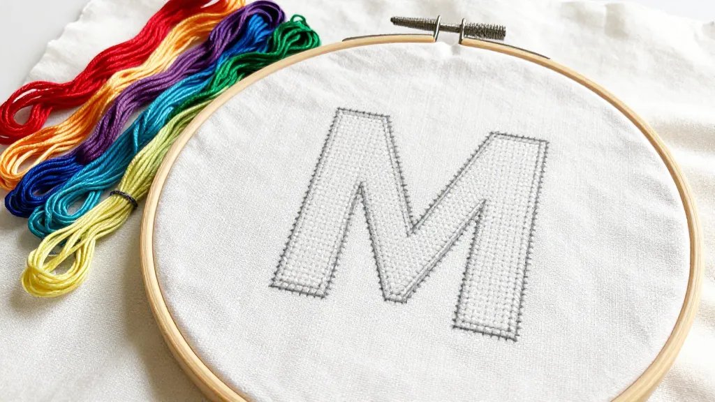 A close-up scene of a beginner-friendly embroidery setup: a small wooden embroidery hoop stretched with light cotton fabric, a set of colorful floss skeins arranged beside it, and a simple pencil sketch of a chunky letter “M” on the fabric; soft, natural lighting, in-progress backstitch outline with satin stitch filling, no text visible in the image.