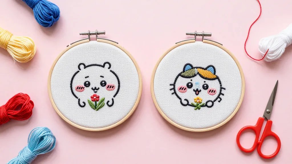 A cheerful flat-lay of tiny, cute embroidery projects: two small hoops side by side on a pastel surface, one featuring a kawaii-style simple animal or floral motif partially stitched, with a tiny pair of scissors, needle threaded with red floss, and a few floss skeins, all arranged neatly to convey quick beginner wins; no text included.
