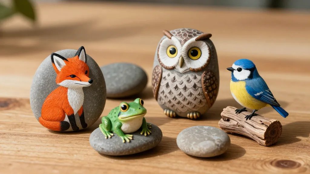 A collection of smooth, rounded river pebbles painted as tiny woodland animals—one pebble fox with a bright orange coat and white-tipped ears, another pebble owl with big yellow eyes and a speckled brown body, plus a shy green frog and a smiling bluebird on their own mini pedestal of textured driftwood, set on a sunlit wooden table with soft natural shadows.