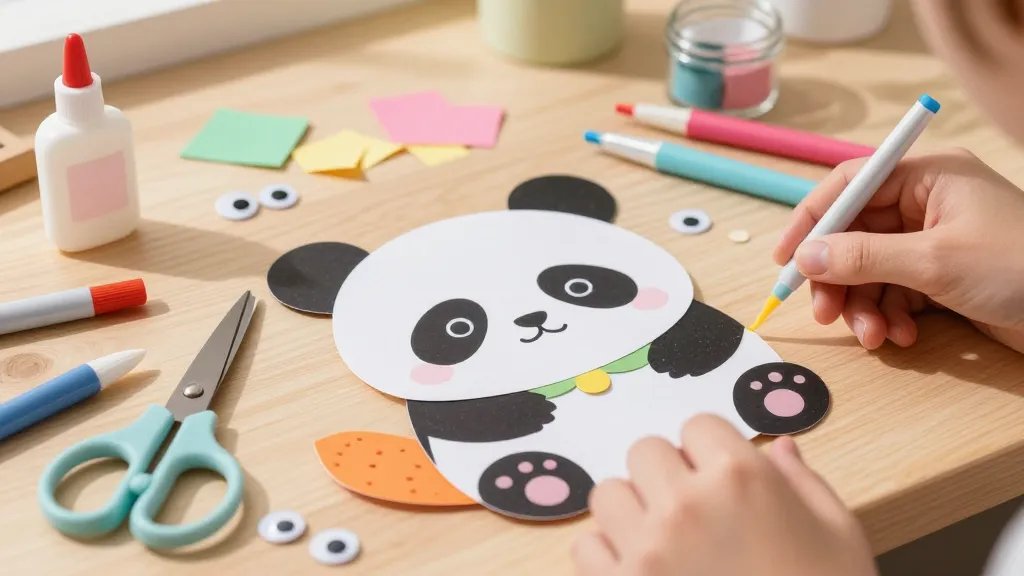 A cozy, sunlit craft table scene featuring a half-assembled cute animal paper character (e.g., a chubby panda or playful fox) made from bright scrapbook paper. Surrounding tools: scissors, craft knife, glue, markers, and a glue bottle. Include googly eyes and enamel dots already attached, with crumpled colorful paper scraps and a small jar of watercolors in soft pastel tones. The background is warm, inviting, and slightly blurred to emphasize the character and the hands mid-glueing step.