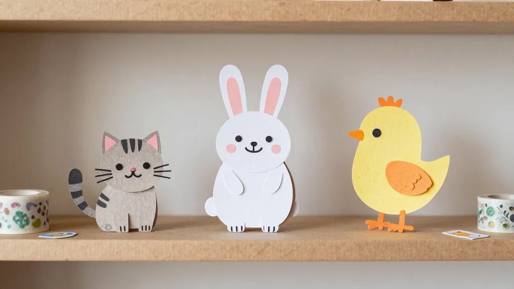 A whimsical display shot of three completed paper animal characters (a tiny cat, a smiling bunny, and a perched chick) standing on a kraft-paper shelf. Each figure is layered from colored cardstock with visible texture, tiny glued-on features like dots and whiskers, and slight shadows to create depth. Include a few decorative craft details in the scene (patterned tape, a roll of washi tape, and a few loose cutouts) to convey a DIY, playful studio vibe, with soft, natural lighting. No text.