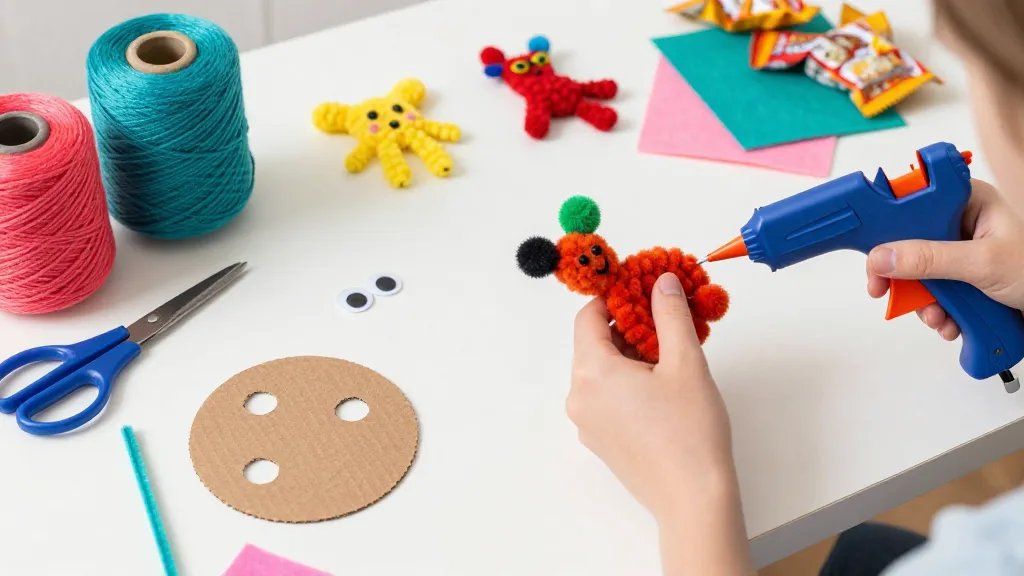 A colorful craft table scene featuring a person making pom-pom animals: vibrant yarn skeins in bright colors, a simple pom-pom maker and two cardboard circles with slits, scissors, a hot glue gun, googly eyes, felt scraps, and a few pipe cleaners; the workspace is lively with snacks nearby, soft natural lighting, and playful, goofy animal shapes in progress (unfinished pom-poms with limbs or hats starting to form) — no text in the image.