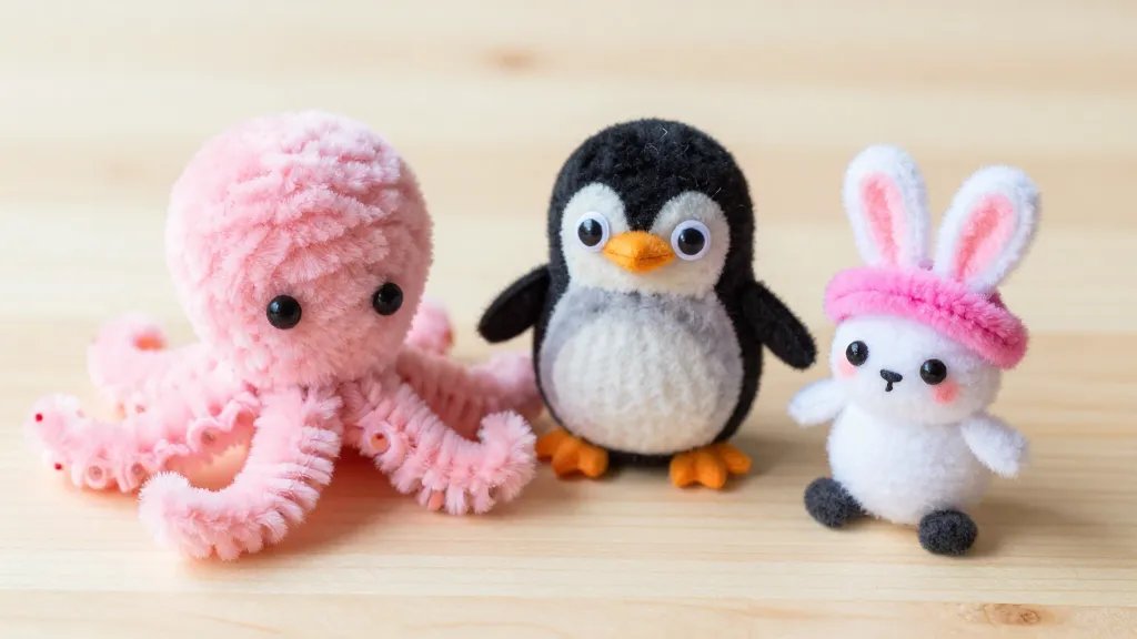 Close-up still life of completed pom-pom animals on a light wooden surface: a fluffy pink octopus, a striped penguin with googly eyes, and a tiny hat-wearing bunny, each with tiny felt details and pipe-cleaner limbs; shallow depth of field to emphasize texture of yarn and craft materials, bright, cheerful colors, no text.