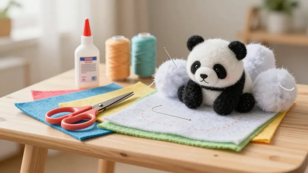 A cozy craft scene featuring a small worktable with colorful felt sheets, a pair of scissors, a bottle of fabric glue, a needle and thread, and a partially stitched tiny felt panda surrounded by soft stuffing, with warm natural light and a subtle, cheerful backdrop.