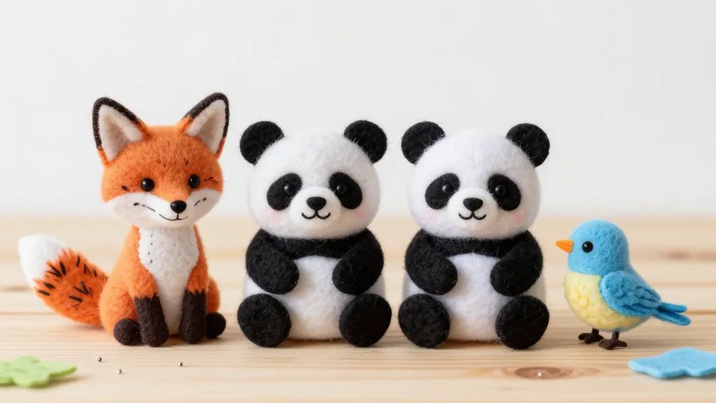 A close-up shot of a completed felt animal lineup: a spotted fox, a pudgy panda, and a tiny blue bird, each with simple embroidered details, resting on a wooden surface with tiny pins and a few scraps of felt nearby, all under bright, playful lighting.