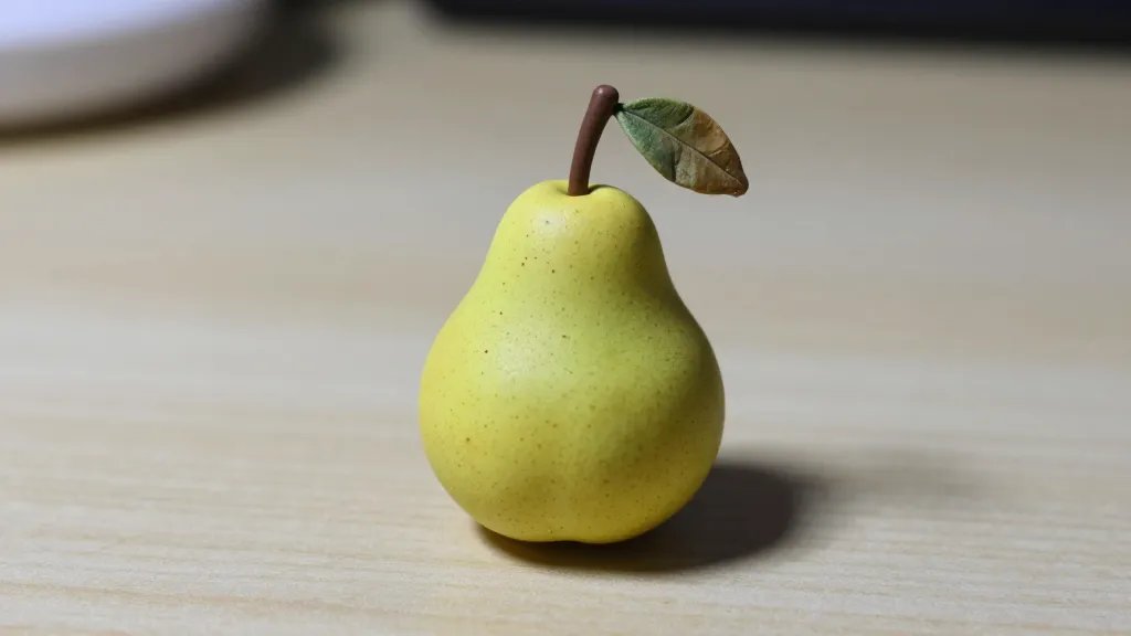 A hyper-realistic tiny pear sculpted from polymer clay with a subtle green-yellow gradient, delicate natural texture, and small brown speckles; mounted on a slender wire stem with a tiny dried leaf, placed on a neutral wooden desk, with soft directional lighting to emphasize surface details and imperfections.