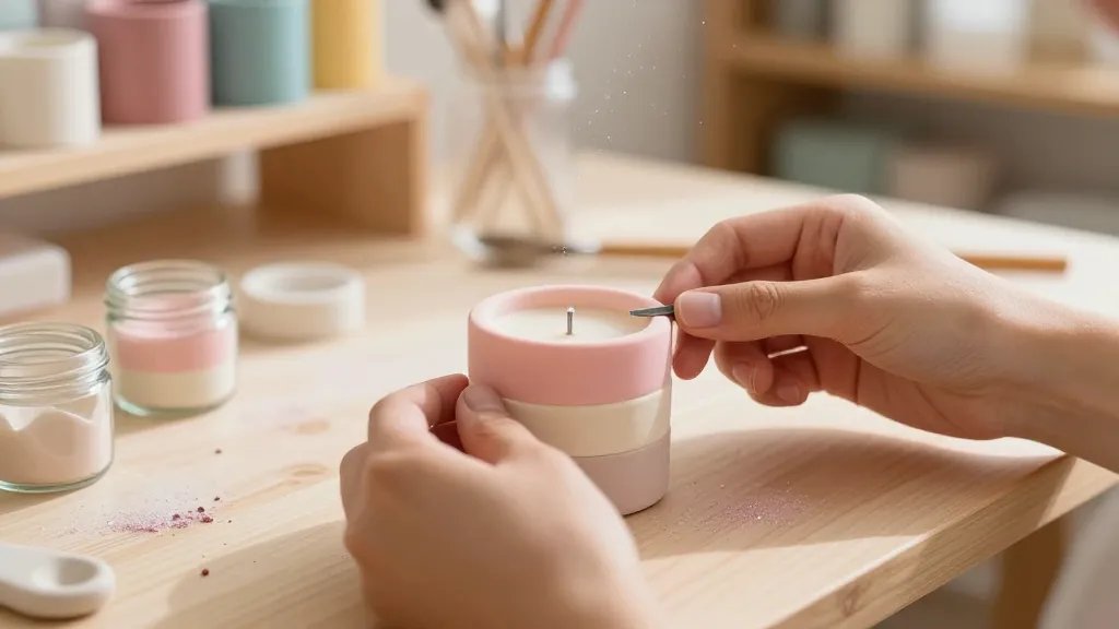 A cozy, sunlit crafting table scene featuring hands shaping a miniature clay candle with pastel pink and cream layers, tiny metal wick insert, small glass jars around, glitter dust in the air, and soft focus background of shelves with colorful craft supplies; no text visible in the image.