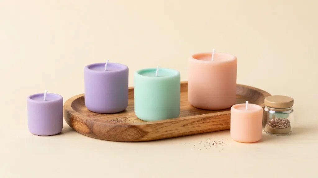 A charming flat lay of several finished miniature clay candles in assorted colors (lavender, mint, peach) arranged in a rustic wooden tray, tiny decorative jars, and a sprinkle of glitter, with a warm, inviting pastel-toned studio backdrop and no text.