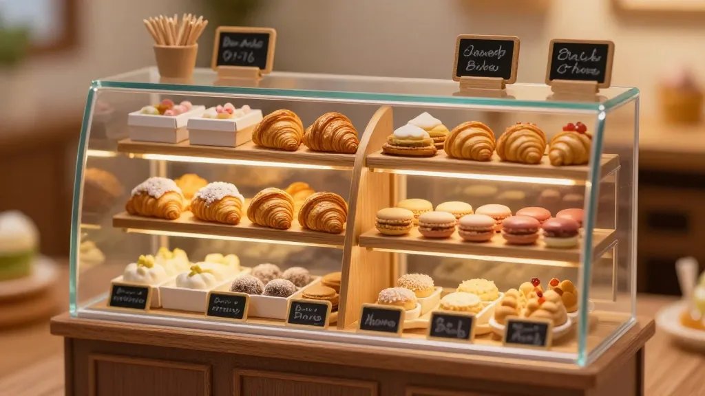 A meticulously crafted tiny bakery storefront display inside a glass case, featuring miniature wooden shelves lined with ultra-detailed pastry boxes, croissants, macarons, and sugar-glazed pastries arranged in neat rows, warm ambient lighting, subtle toothpick-sized utensils, tiny chalkboard price signs, and a soft, inviting bokeh background to evoke a calm, collectible photo vibe.