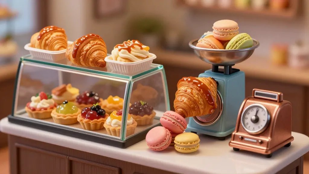 A close-up shot of a miniature bakery counter with glass case, tiny scale, and mini pastry cartons spilling with ultra-fine textures: flaky croissants, glossy fruit tarts, pastel macarons, and a tiny copper cash register, all rendered with hyper-detailed textures, subtle reflections, and a dreamy, cinematic macro perspective.
