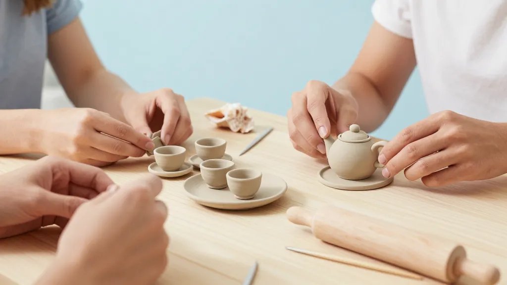 A cozy seaside-themed crafting scene featuring a Caucasian or diverse group of hands shaping and assembling a tiny clay tea set on a light wooden table. Include miniature teapot, cups, saucers, and a small plate of clay tools (rolling pin, needle, toothpick) with soft natural lighting, pastel colors, and a calming background of sea-inspired decor (shells, light blue backdrop) but no text.