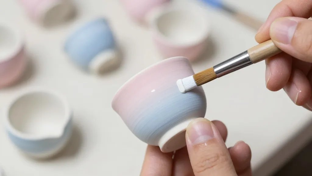 A close-up macro shot of a hand glazing and painting a miniature clay teacup with tiny brush strokes, showing subtle color gradients in pastel pinks and blues, a glossy varnish being brushed on, and nearby finished pieces drying on a clean surface with a blurred, bokeh-filled background to emphasize craft details.