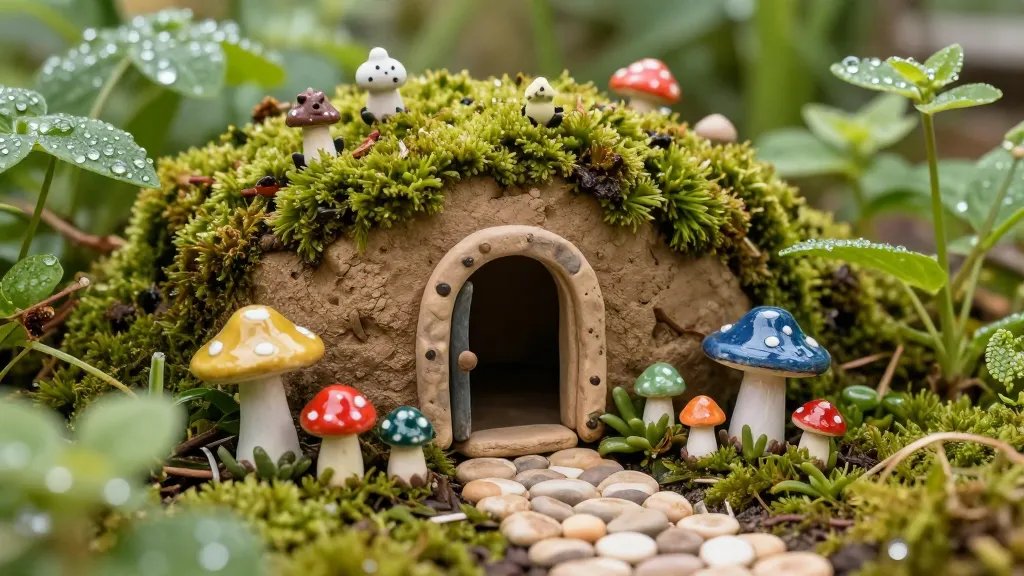 A sunlit fairy garden scene featuring a handmade clay doorway perched into a moss-covered clay hill, with tiny clay critters, colorful glazed toadstools, and a winding pebble path leading to the door; surrounding plants in soft-focus greenery and a delicate glass dew on leaves, high-detail texture showing glaze shine and natural imperfections.