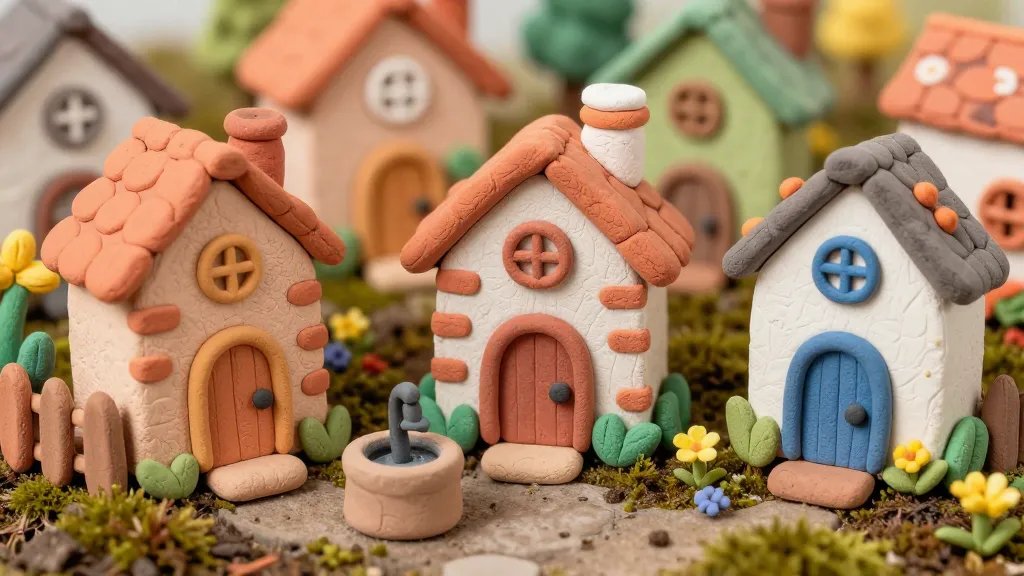 A whimsical clay fairy village close-up: tiny clay cottages with textured brickwork, curved doors, and tiled roofs, each painted in bright watercolor hues; a miniature clay garden fence, miniature water well, and a surface covered in natural soil, moss, and tiny wildflowers, captured with macro clarity to showcase hand-painted details.