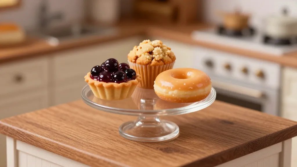 A cozy dollhouse kitchen scene featuring a tiny glass cake stand with three miniature pastries: a glossy berry tart with a sparkling glaze, a crumbly muffin with visible crumb texture, and a smooth glazed donut, all arranged on a vintage wooden countertop. Include subtle shadows and gentle highlights to emphasize textures—glossy glaze, crumbly crust, and soft bakery lighting—without any text visible in the frame.
