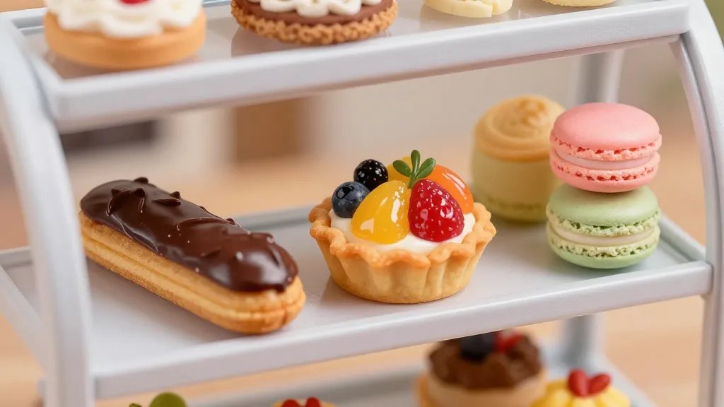A close-up of a miniature bakery display case inside a dollhouse, showcasing an assortment of tiny treats: a shiny chocolate-covered éclair, a glossy fruit tart with realistic lattice crust, and a mini macaroon stack with delicate color gradients. Emphasize texture variety (smooth glaze, crisp crust, and velvety filling) and accurate color shading using tiny, food-safe acrylic tones, with a soft-focus background to enhance realism.
