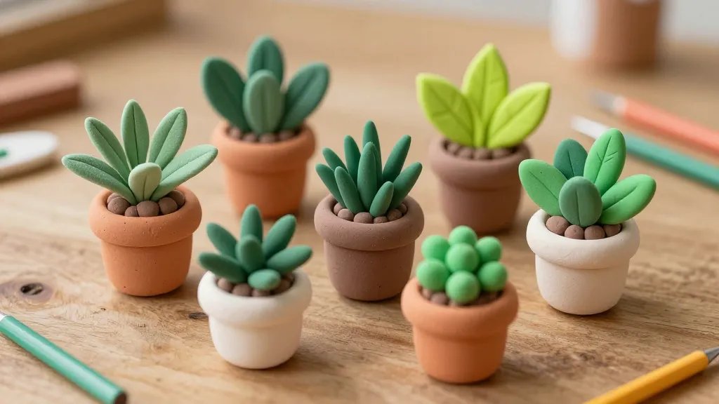 A close-up, ultra-detailed scene of a miniature clay garden arrangement on a small rustic wooden tabletop: Tiny air-dry clay plants in various greens (sage, olive, lime accents) with contrasting terracotta and cream pots, tiny glossy leaf finishes, and subtle shadows casting on a textured surface, showing a beginner-friendly, cheerful vibe with a soft natural light and tiny tools scattered nearby.