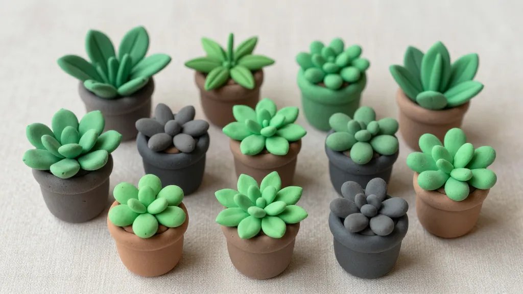 An overhead shot of a mini clay forest vignette: multiple tiny potted clay plants in muted green tones, a matte finish on succulent-like textures, a few leaves with subtle gloss, and a contrasting dark pot that makes the greens pop, all arranged on a neutral fabric backdrop to emphasize color contrasts and the “instant gratification” aesthetic.