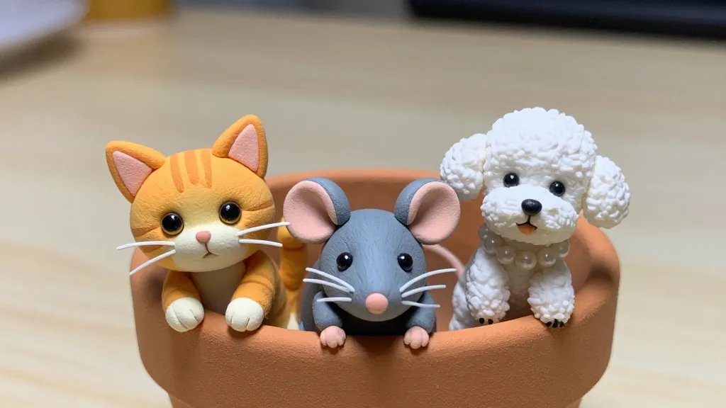 A close-up display scene of three tiny polymer clay pets perched on the edge of a plant pot: a fluffy orange tabby cat with whiskers and shiny eyelids, a sleepy gray-blue mouse with a glossy nose, and a tiny white poodle with a curled tail and pearl-like collar. Lighting is soft and warm, with subtle shadows to emphasize texture and tiny details, on a neutral tabletop background.