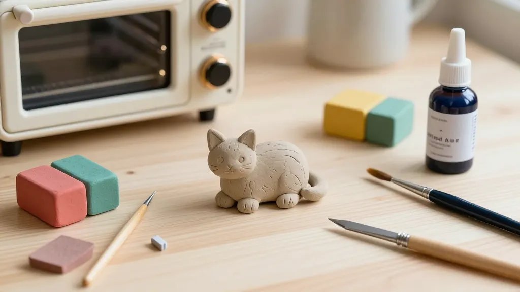 A practical crafting setup featuring the tools and materials for mini clay pets: a small oven, a block of colorful polymer clays, a needle tool, a fine craft knife, a tiny brush, sandpaper, and a gloss glaze bottle arranged neatly around a partially finished clay cat with smoothing marks being worked on. The scene should feel instructive and cozy, with natural light and a shallow depth of field focusing on the clay cat and the smoothing process.