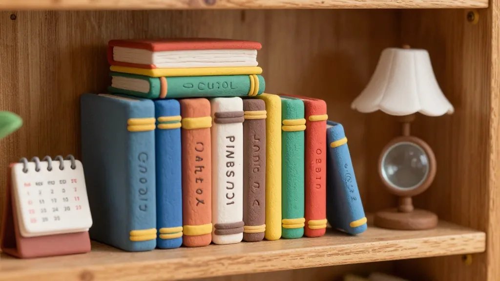 A cozy dollhouse bookshelves scene featuring a stack of tiny, intricately crafted clay books with varied spine colors and titles, arranged on a wooden shelf beside a small reading lamp; a miniature desk calendar and a clay magnifying glass add charm, warm lighting, hyper-detailed textures showing polymer and air-dry clay surfaces.