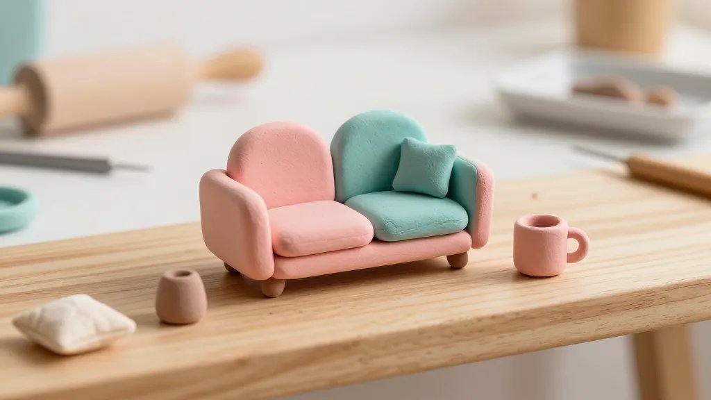 A close-up scene of a tiny clay living room centerpiece: a mini sofa with soft, rounded cushions in pastel pink and teal, sitting on a smooth wooden shelf surface; include tiny clay accessories like a miniature coffee mug and a tiny throw pillow, with a clean bright workspace in the background showing a rolling pin, needle tool, and a tray catching tiny dust bunnies. No text.
