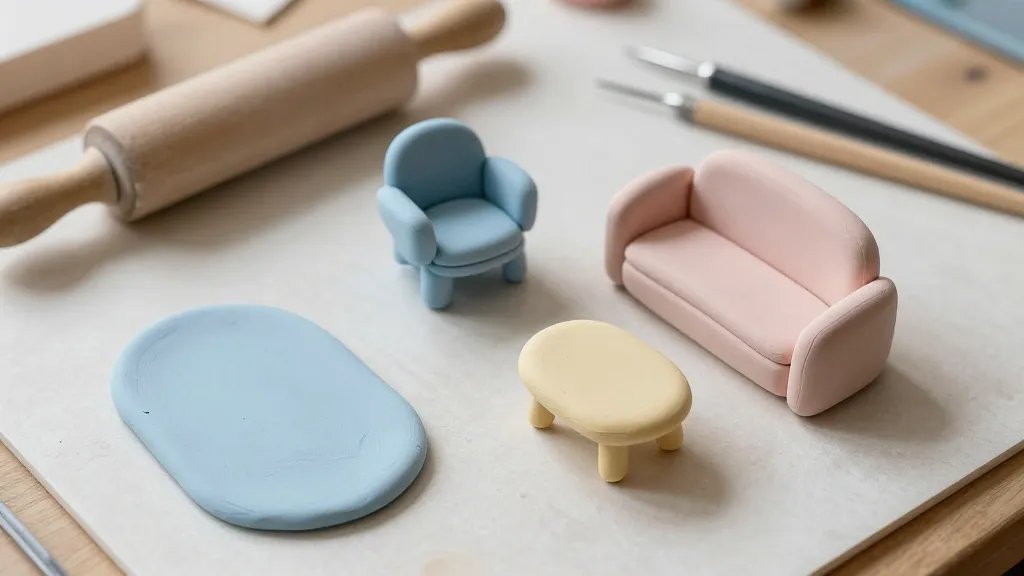 An overhead shot of a craft desk setup for mini clay furniture: a small rolling pin, sculpting tools, a sheet of pastel-colored polymer clay, a partially completed mini chair and sofa on a parchment-lined work mat, with soft diffused lighting and a shallow depth of field to emphasize the tiny scales of the furniture. No text.